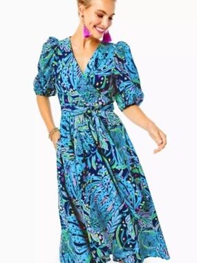 Lilly Pulitzer Juney Midi Dress  in Low Tide Navy Catty Purrsonality